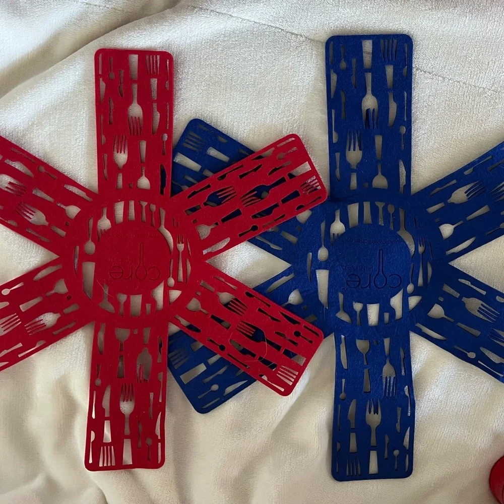 CORE KITCHEN Set of 2 Pot & Pan Felt Protector Pads Red & Blue Utensil Patterned